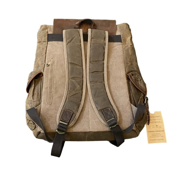 NWT District Fly Brown Leather Fabric Mix Humanely Produced Travelers Backpack - Picture 3 of 14
